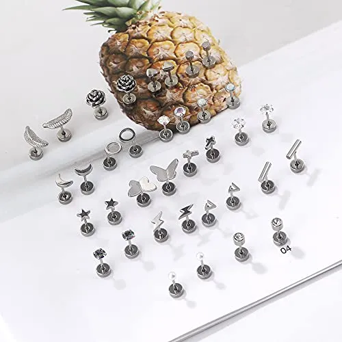 18 Pairs Cartilage Stud Earrings Set for Women Men Star Triangle Moon Heart Disc Ball CZ Small Stainless Steel Stud Earrings Geometric Barbell Flatback Earrings Piercing Set (Silver)