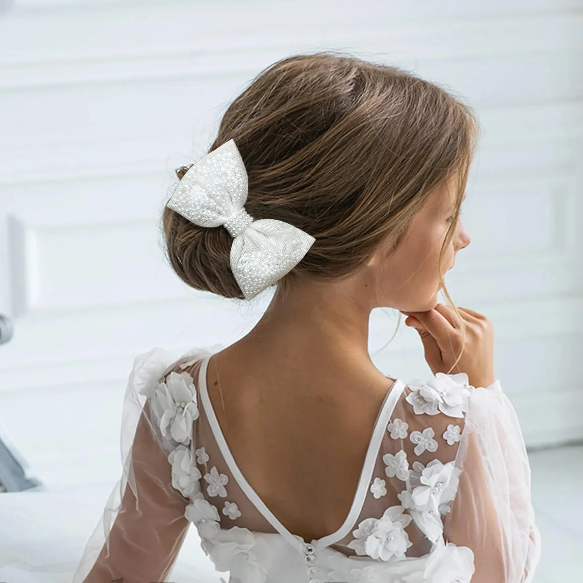 2Pcs Pearl Hair Bows for Girls, White Pearl Hair Bow Clips, Wedding Hair Accessories for Baby Infants Toddlers Kids