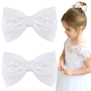 2Pcs Pearl Hair Bows for Girls, White Pearl Hair Bow Clips, Wedding Hair Accessories for Baby Infants Toddlers Kids