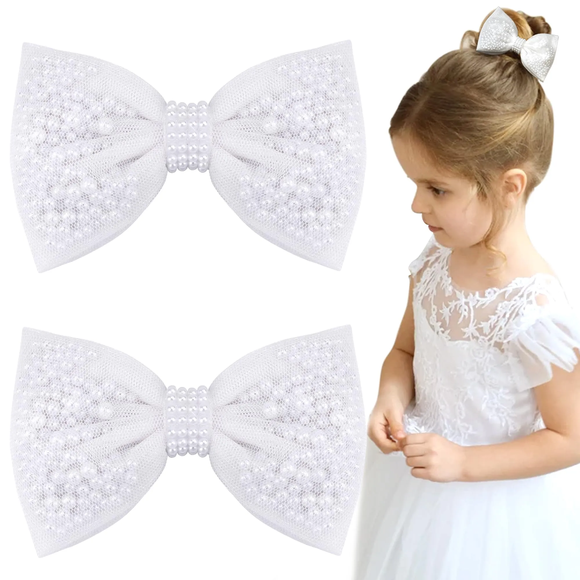 2Pcs Pearl Hair Bows for Girls, White Pearl Hair Bow Clips, Wedding Hair Accessories for Baby Infants Toddlers Kids
