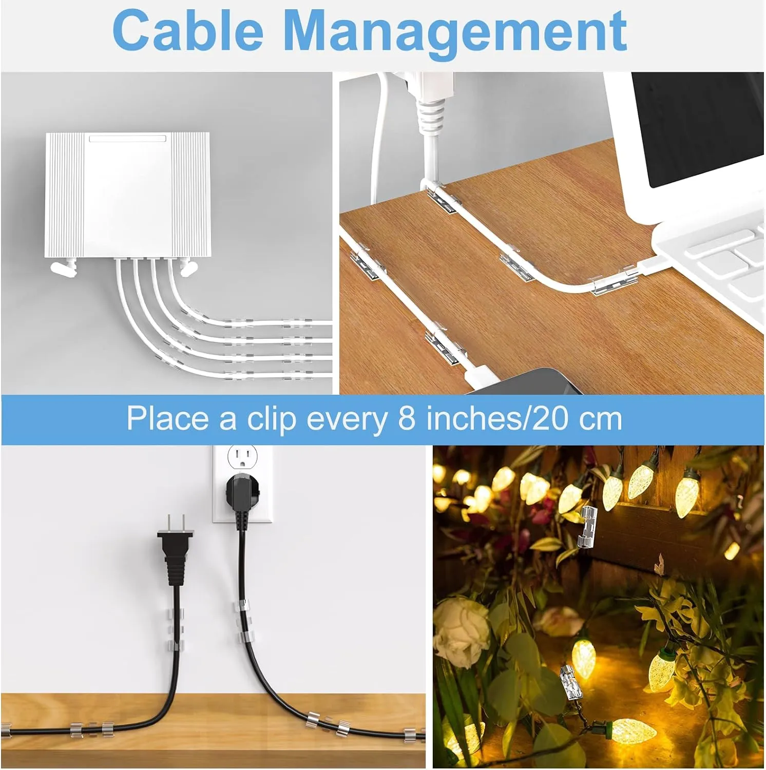 Adhesive Cable Clips Clear (40PCS, M), Upgraded Wire Holders for Wall, Strong Cord Organizer Under Desk, Car, PC, Christmas Light Indoor/Outdoor