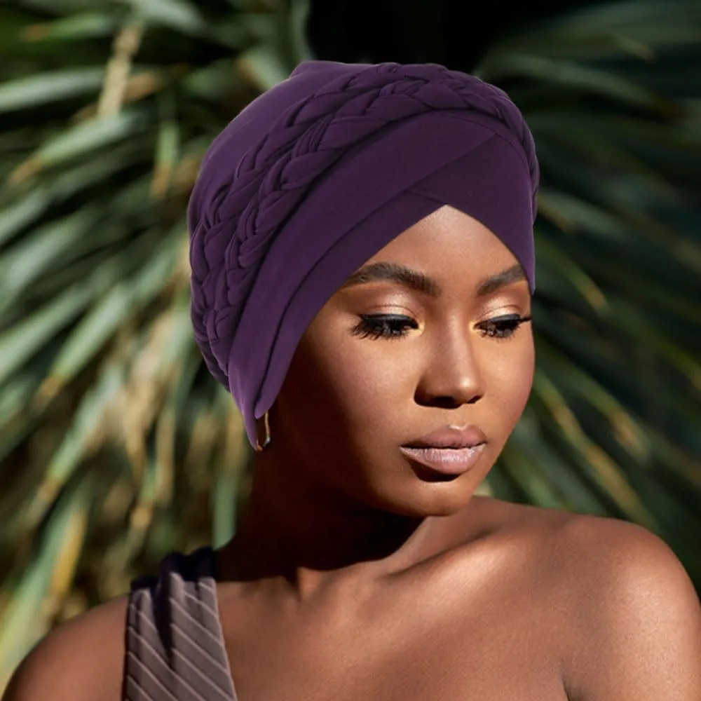 African Women Turban Caps Beanie Twist Headscarf Pre Tied Double Braid Headwrap Hat
