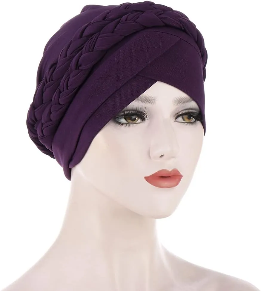 African Women Turban Caps Beanie Twist Headscarf Pre Tied Double Braid Headwrap Hat