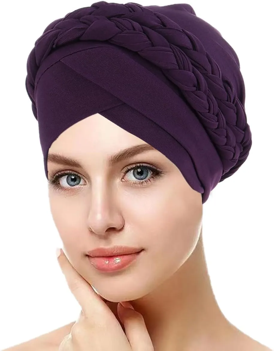 African Women Turban Caps Beanie Twist Headscarf Pre Tied Double Braid Headwrap Hat