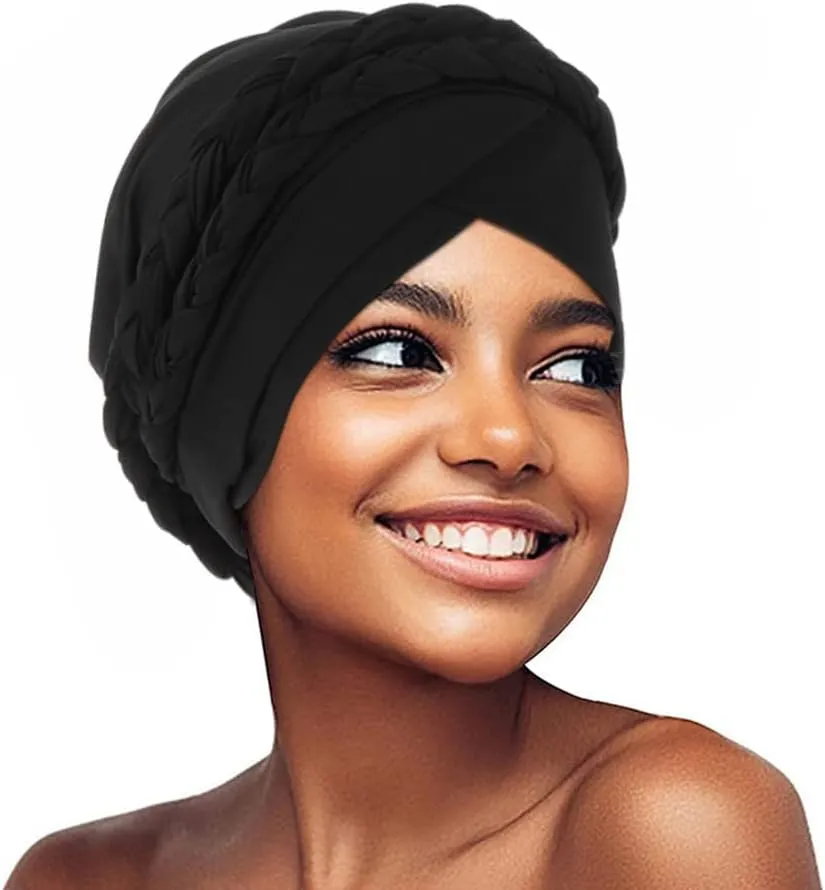 African Women Turban Caps Beanie Twist Headscarf Pre Tied Double Braid Headwrap Hat