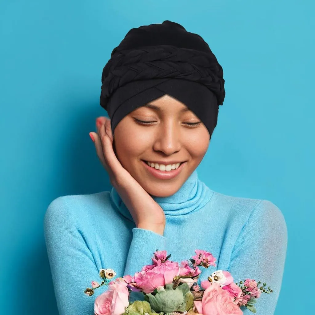 African Women Turban Caps Beanie Twist Headscarf Pre Tied Double Braid Headwrap Hat