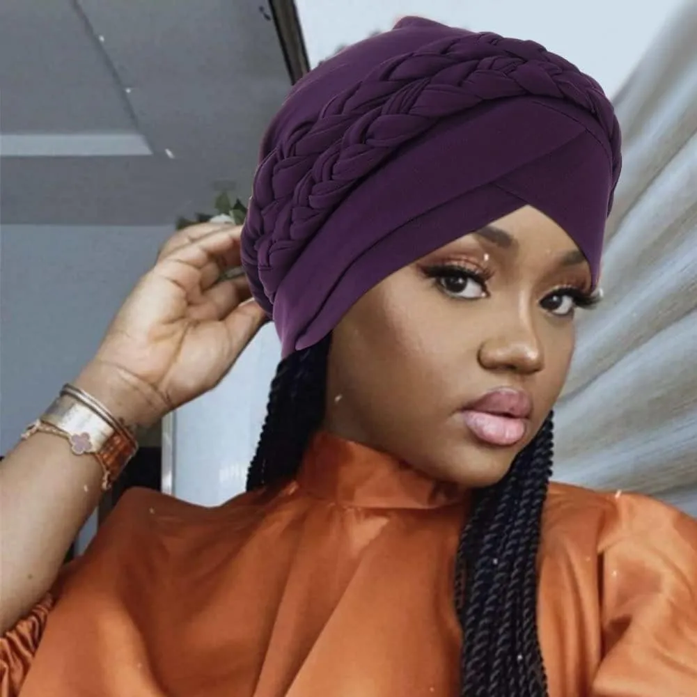 African Women Turban Caps Beanie Twist Headscarf Pre Tied Double Braid Headwrap Hat