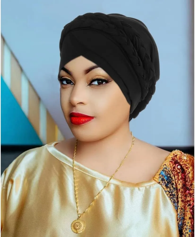 African Women Turban Caps Beanie Twist Headscarf Pre Tied Double Braid Headwrap Hat