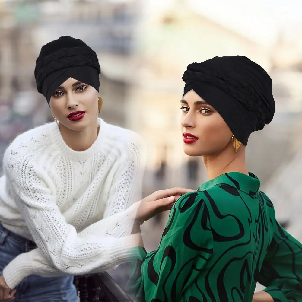African Women Turban Caps Beanie Twist Headscarf Pre Tied Double Braid Headwrap Hat