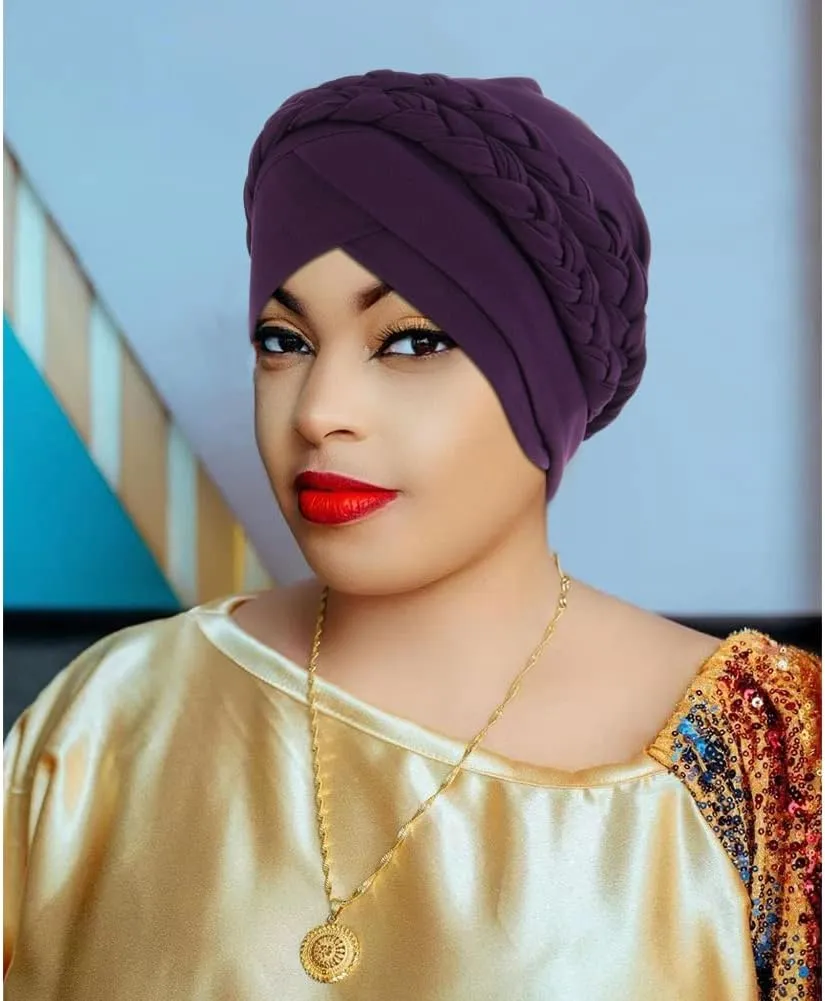 African Women Turban Caps Beanie Twist Headscarf Pre Tied Double Braid Headwrap Hat