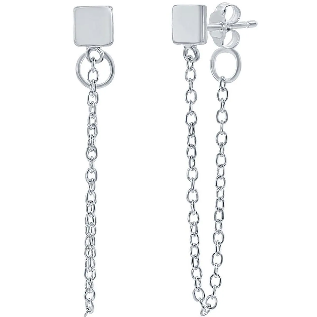 Classic Women's Earrings - Square Stud with Looping Chain Post Back Closure | A-2237