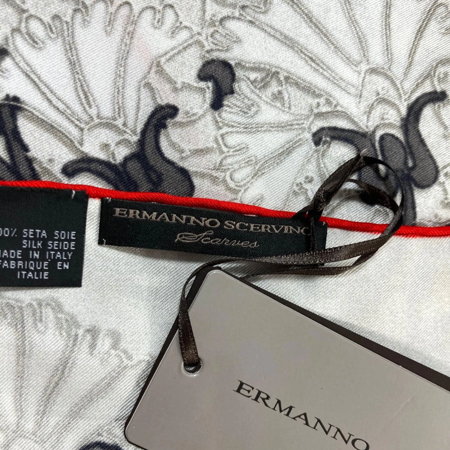 Ermanno Scervino Scarf Light Gray Black Red Floral - 27" Square Twill Silk Scarf FINAL SALE