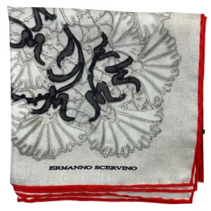 Ermanno Scervino Scarf Light Gray Black Red Floral - 27" Square Twill Silk Scarf FINAL SALE