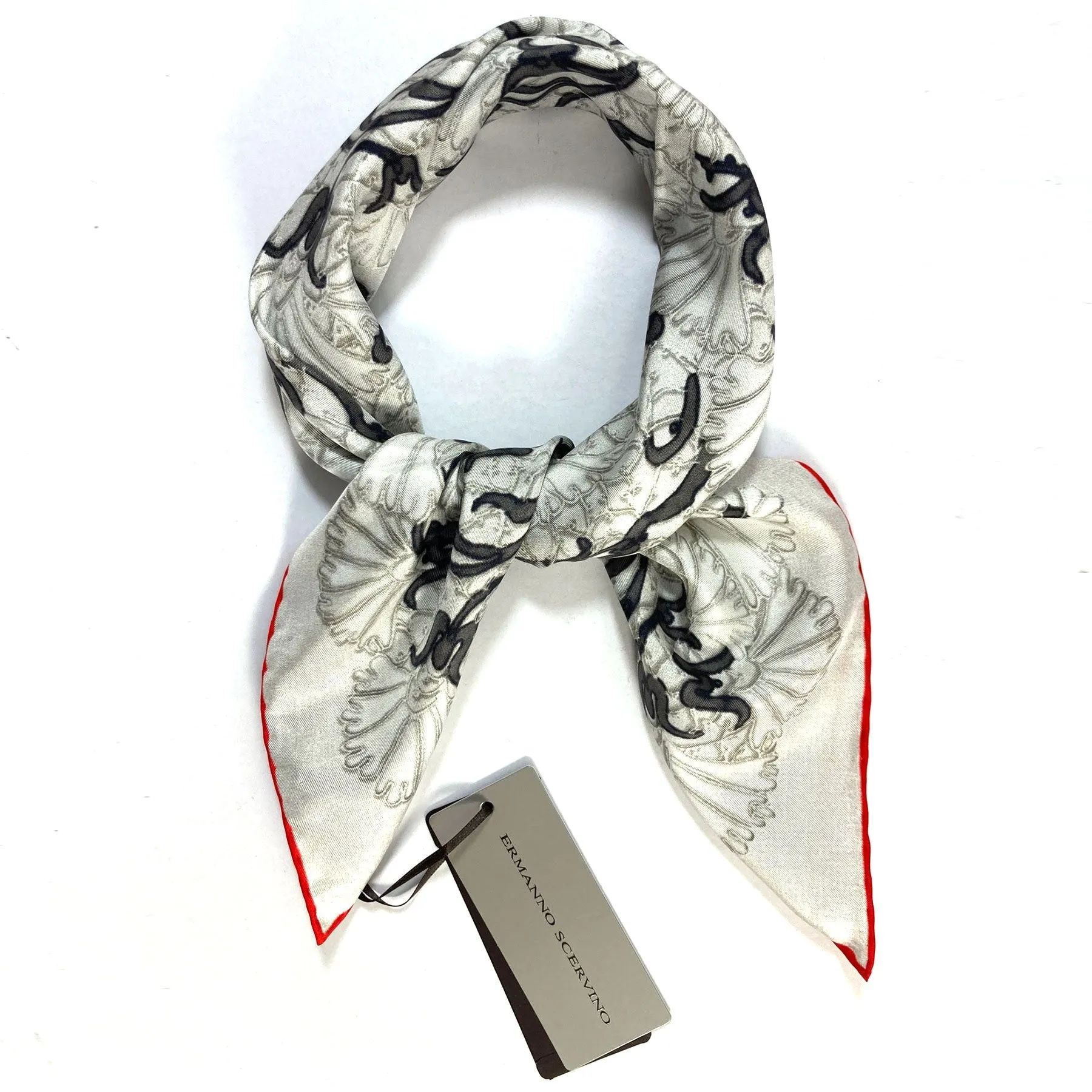 Ermanno Scervino Scarf Light Gray Black Red Floral - 27" Square Twill Silk Scarf FINAL SALE