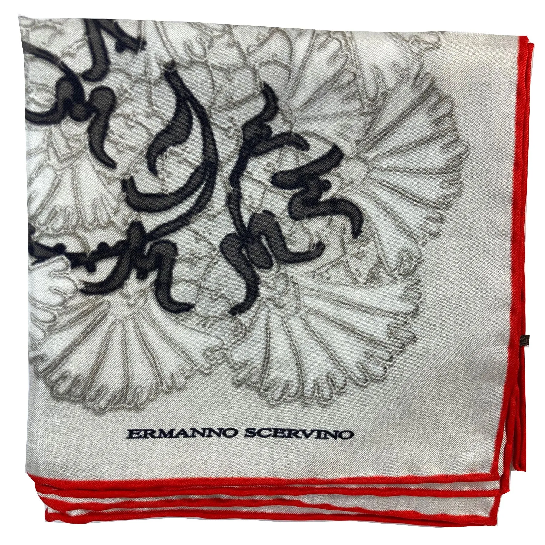 Ermanno Scervino Scarf Light Gray Black Red Floral - 27" Square Twill Silk Scarf FINAL SALE