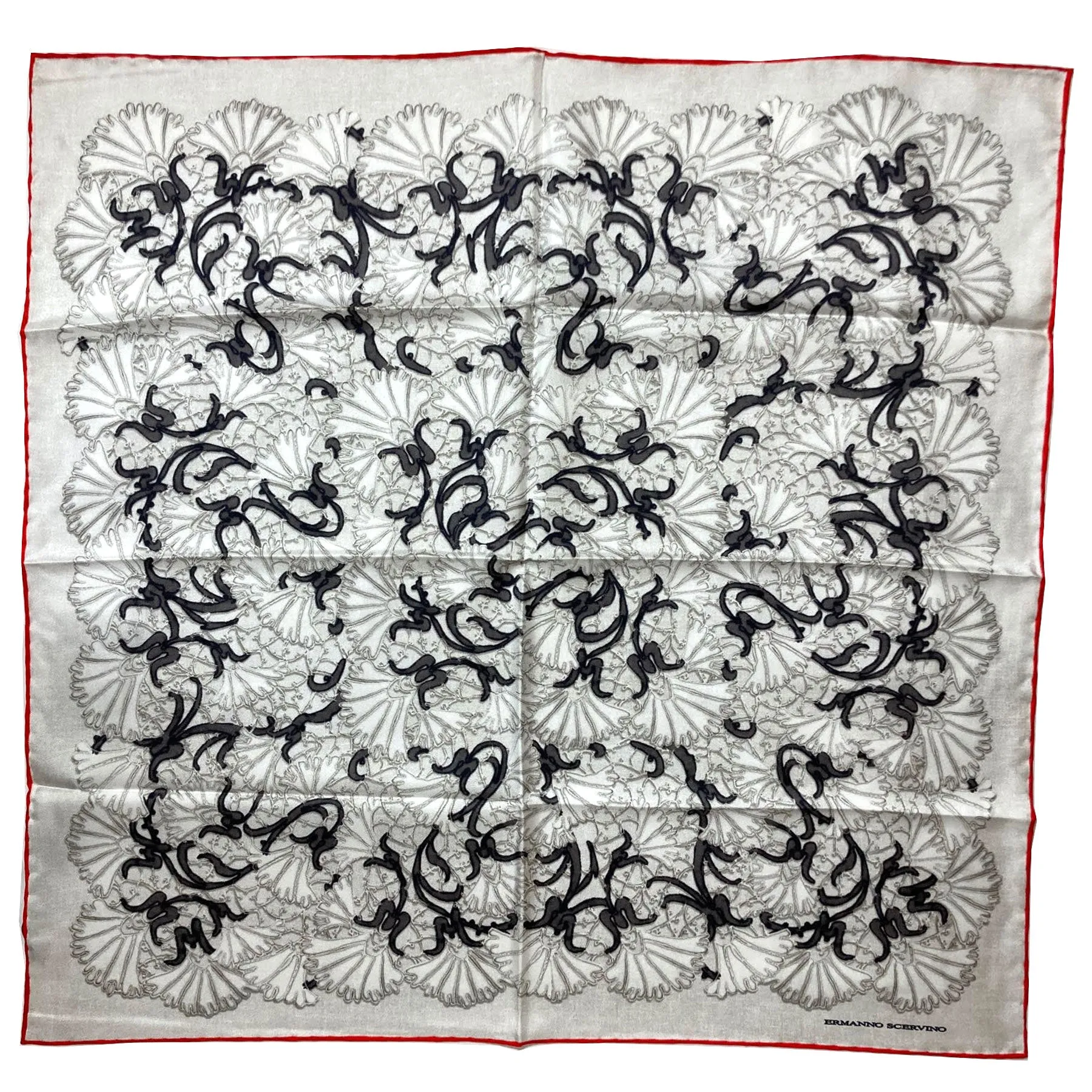 Ermanno Scervino Scarf Light Gray Black Red Floral - 27" Square Twill Silk Scarf FINAL SALE