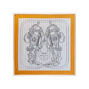 Framed Hermès Brides De Gala Ceremonial Bridle Orange Gray Silk Scarf in a 36x36x2 Shadowbox
