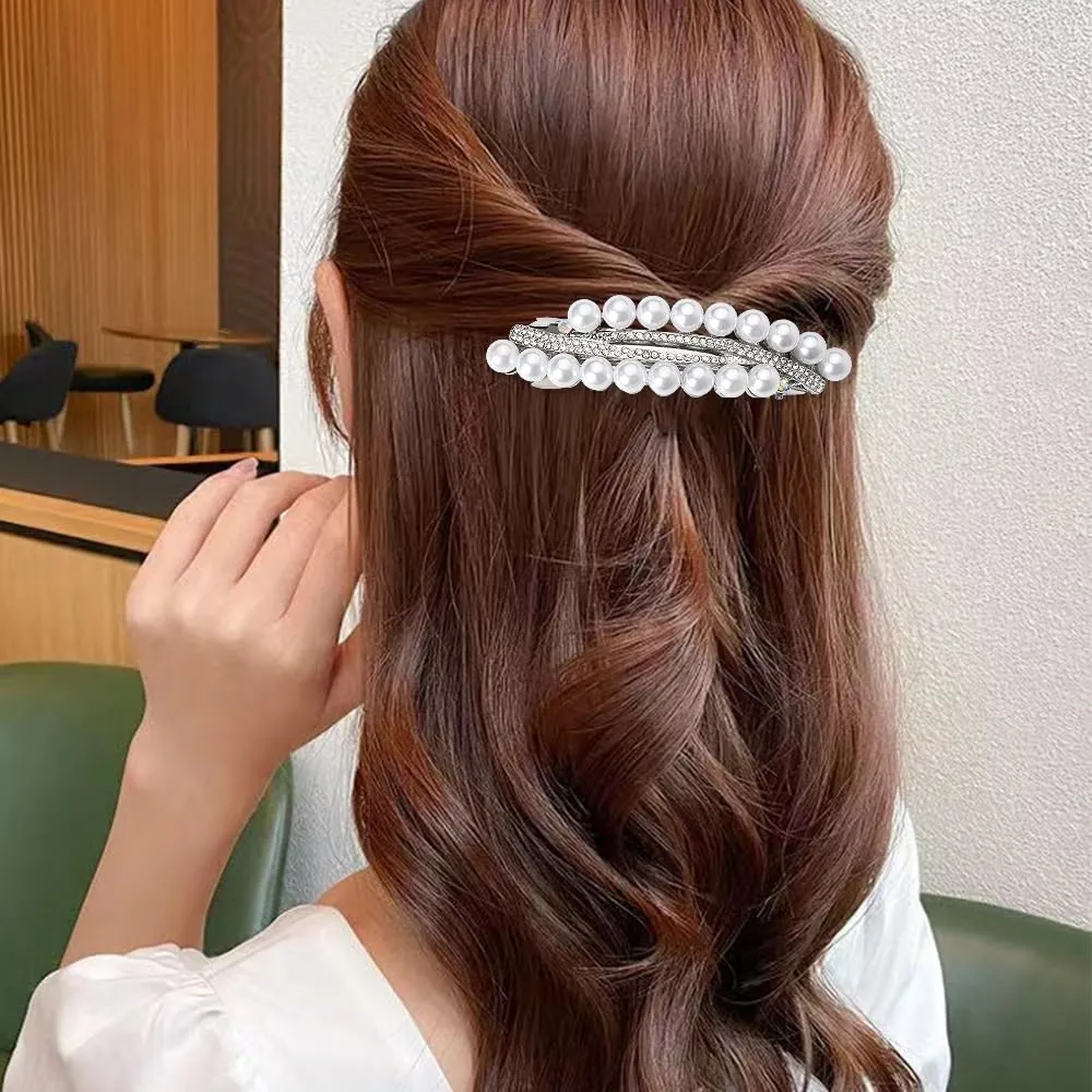 French Pearl Hair Barrettes for Women Silver Elegant Rhinestone Barrettes Clips for Hair Peal Beads Hair Clips Hairpins Hair Pin Decorative Wedding Bridal Pearl Hair Accessories for Fine Hair