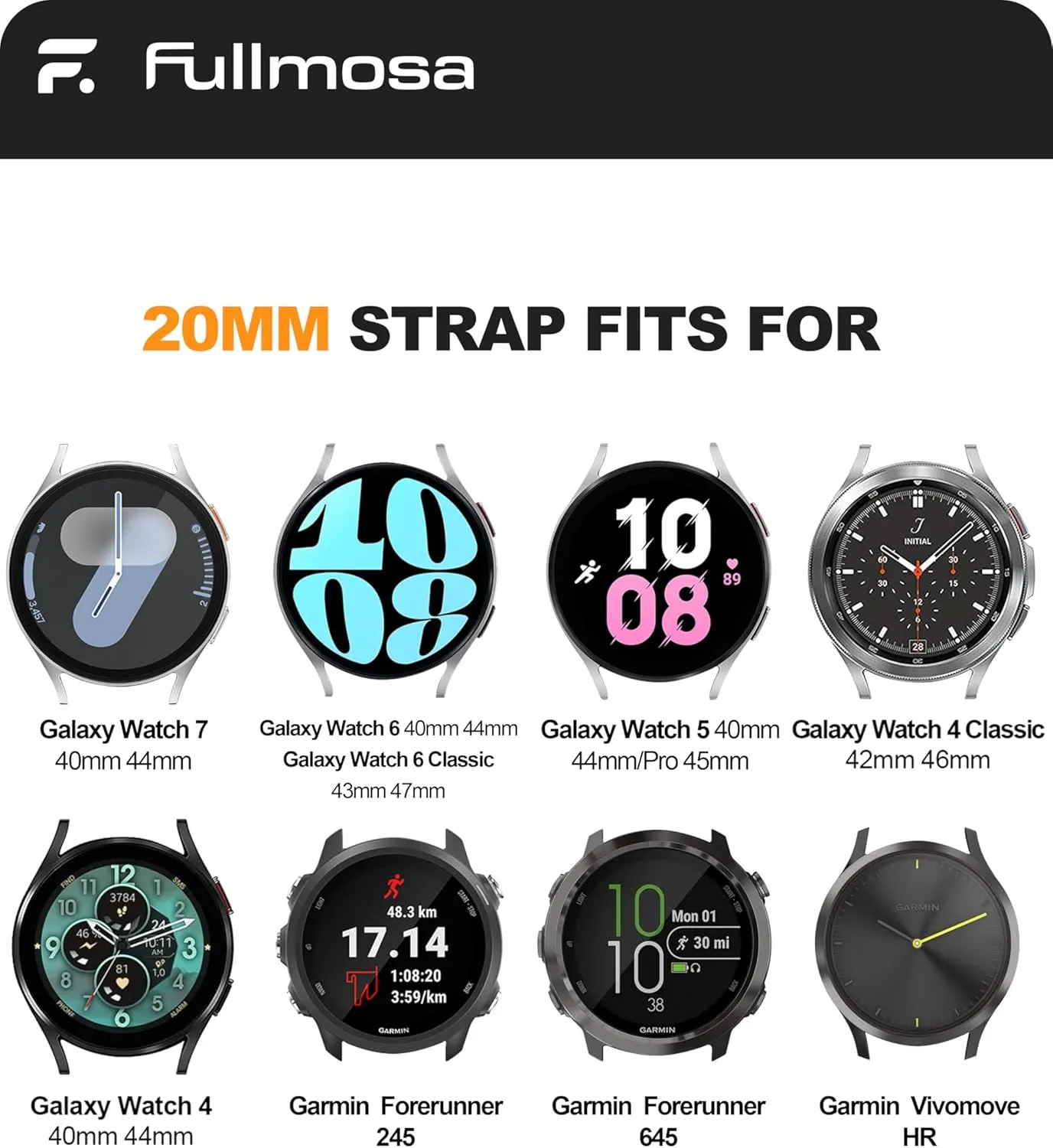 Fullmosa 22mm 20mm 24mm Silicone Watch Bands No Gaps Compatible for Samsung Galaxy Watch 7 6 5 4 3,Galaxy Watch 46mm 42mm,Garmin