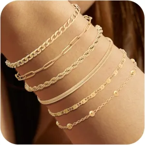 Gold Bracelets for Women, 14K Gold Plated Bracelets, 6PCS Set Dainty Stackable Paperclip Chain Bracelets, Jewelry Gifts for Lover, Mom, Friends