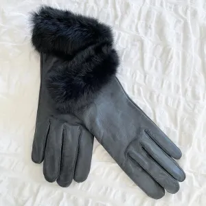 Grandoe Black Kid Leather & Rabbit Trim Gloves SZ M