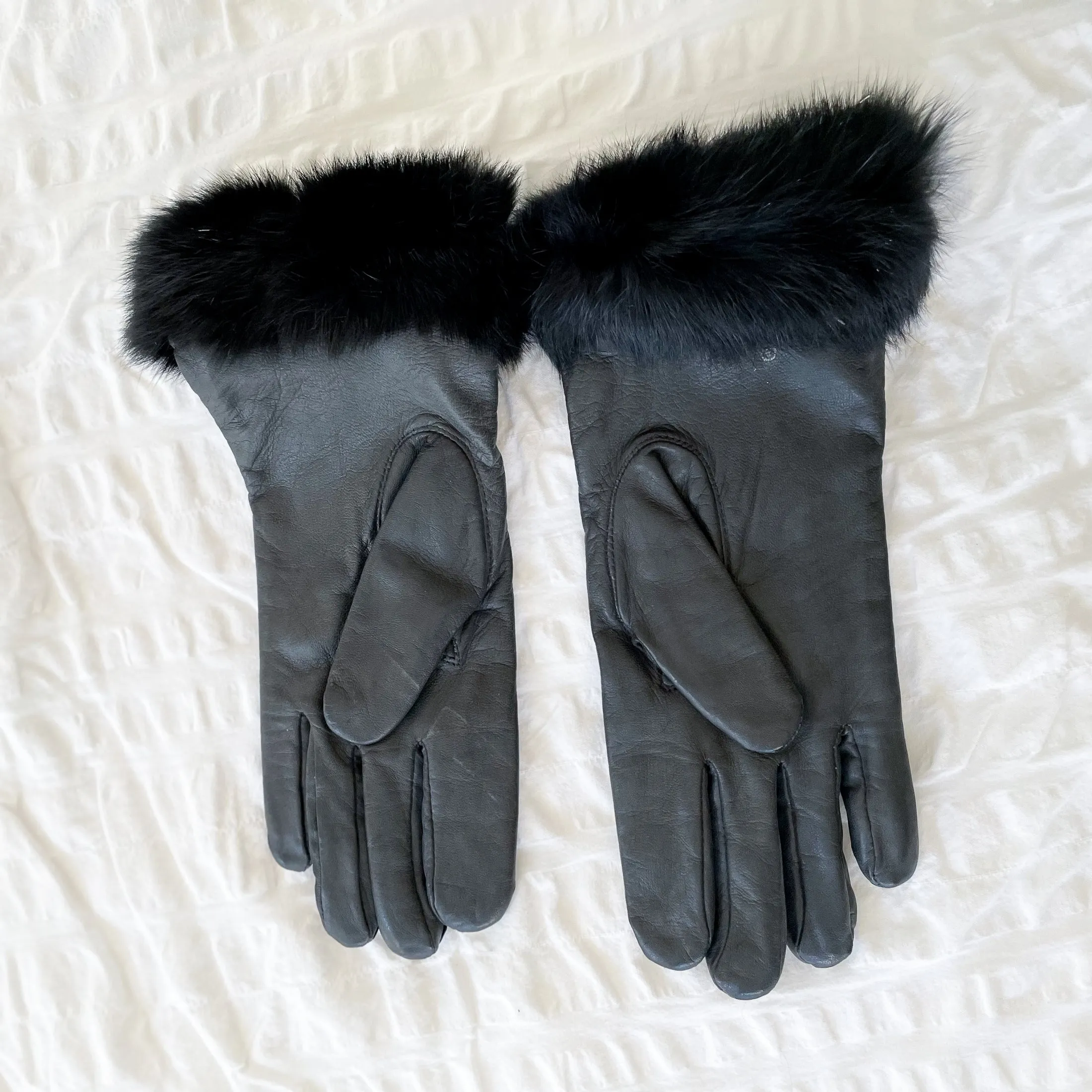 Grandoe Black Kid Leather & Rabbit Trim Gloves SZ M