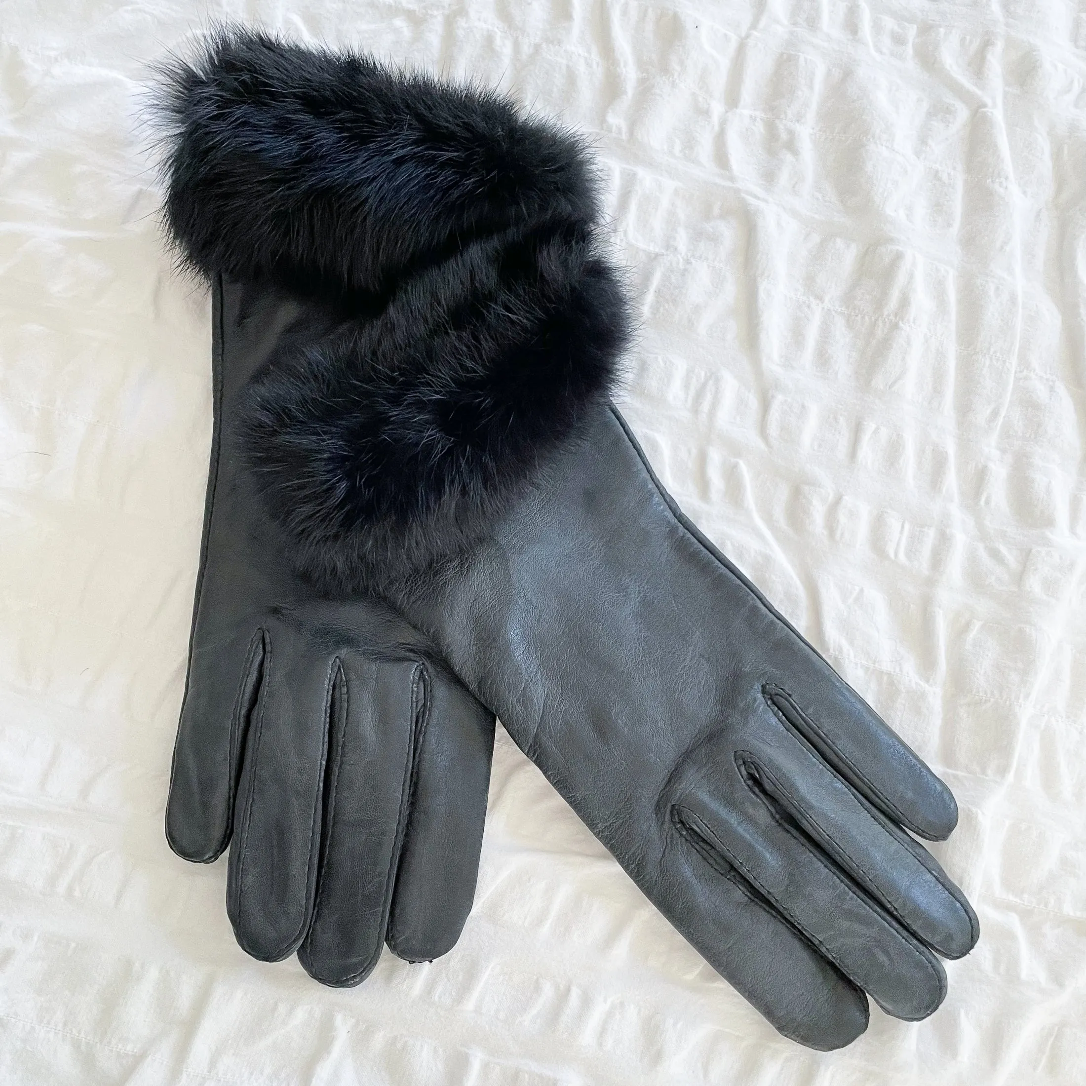 Grandoe Black Kid Leather & Rabbit Trim Gloves SZ M