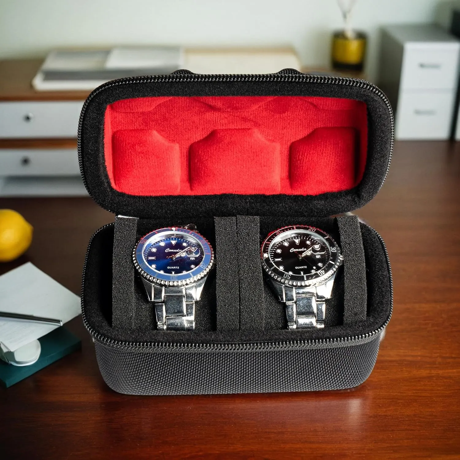 Hard Compact Watch Roll travel case, 2 Slots Portable holder and Organizer with Soft Pillow, keep watch from moving Deluxe red Lining (fit up to 55 mm)