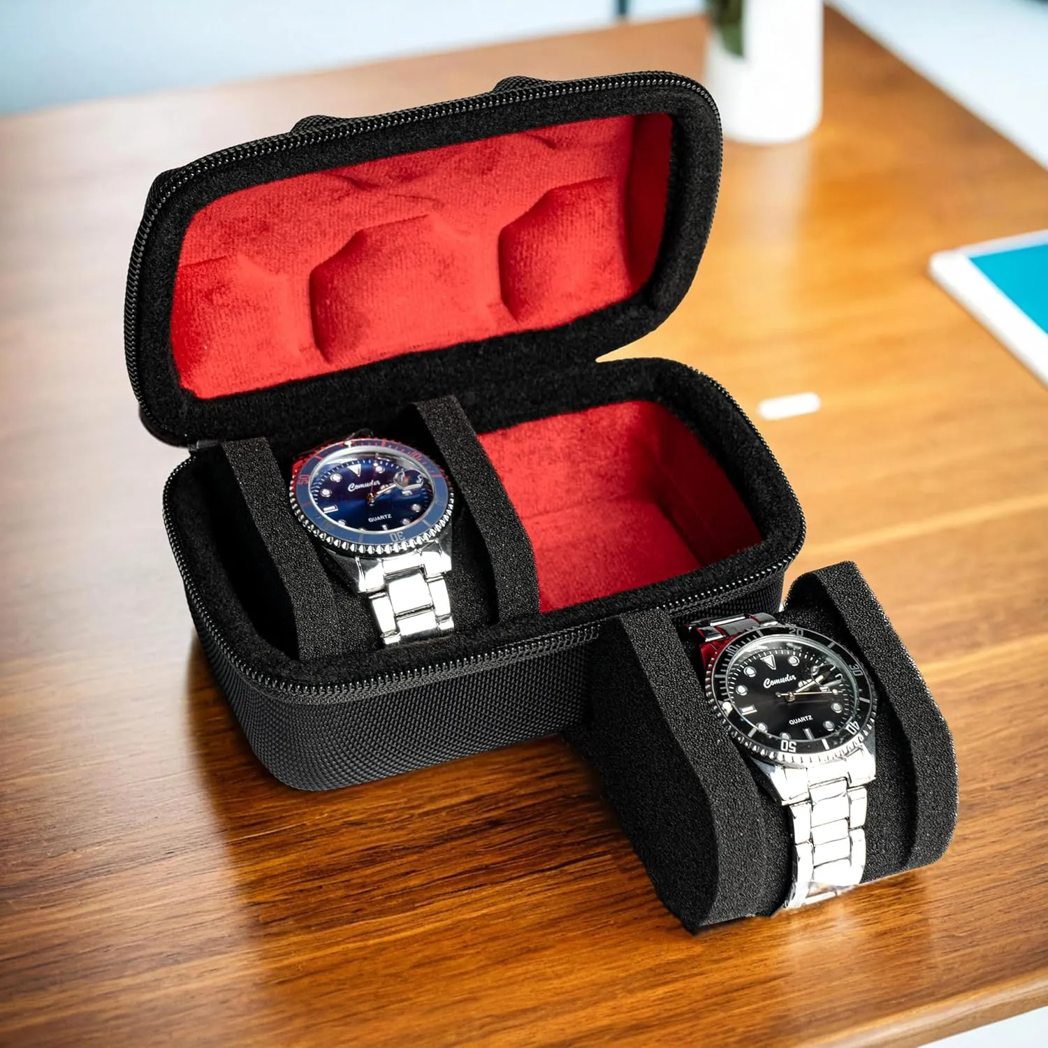 Hard Compact Watch Roll travel case, 2 Slots Portable holder and Organizer with Soft Pillow, keep watch from moving Deluxe red Lining (fit up to 55 mm)