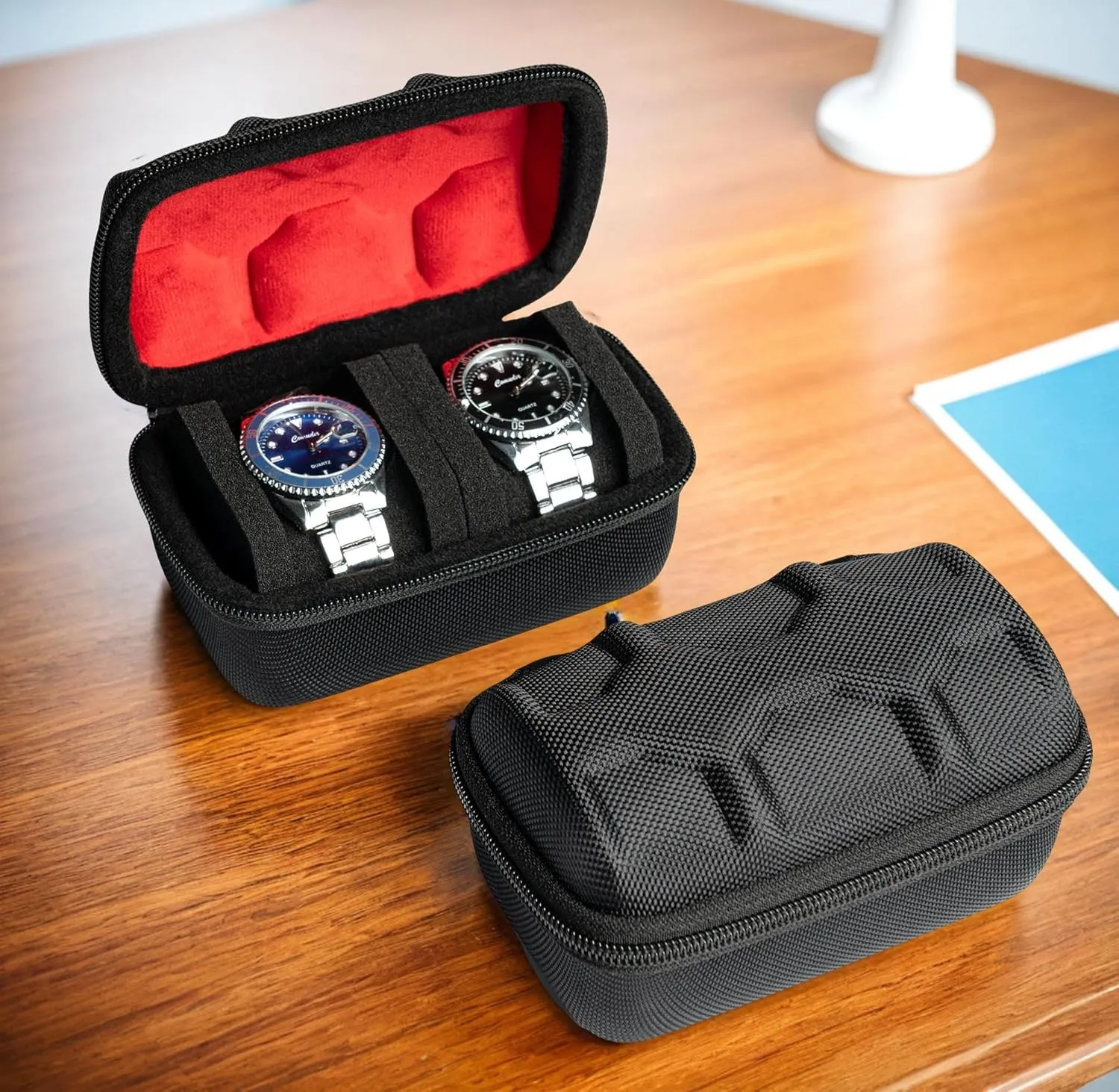 Hard Compact Watch Roll travel case, 2 Slots Portable holder and Organizer with Soft Pillow, keep watch from moving Deluxe red Lining (fit up to 55 mm)