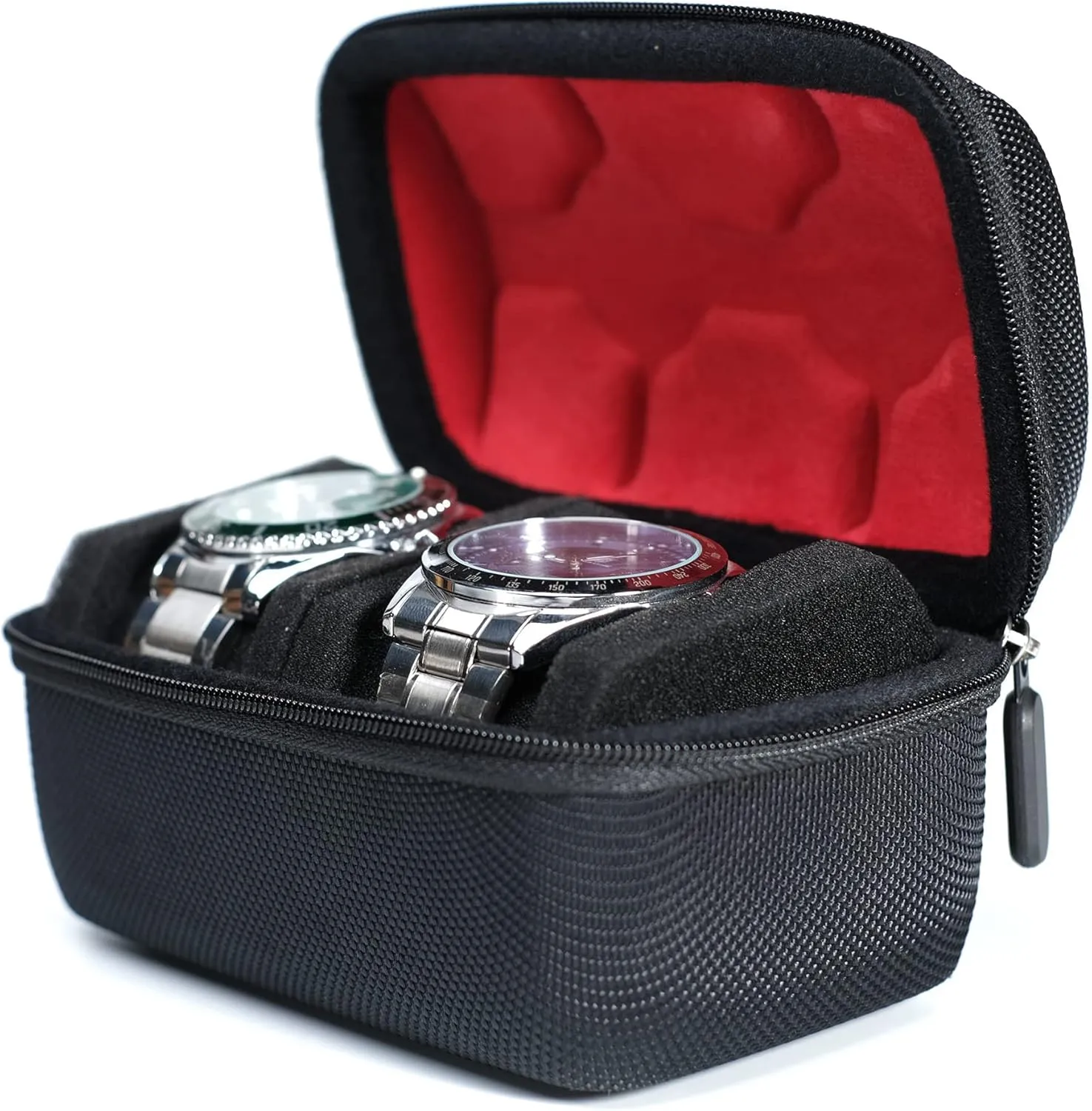 Hard Compact Watch Roll travel case, 2 Slots Portable holder and Organizer with Soft Pillow, keep watch from moving Deluxe red Lining (fit up to 55 mm)