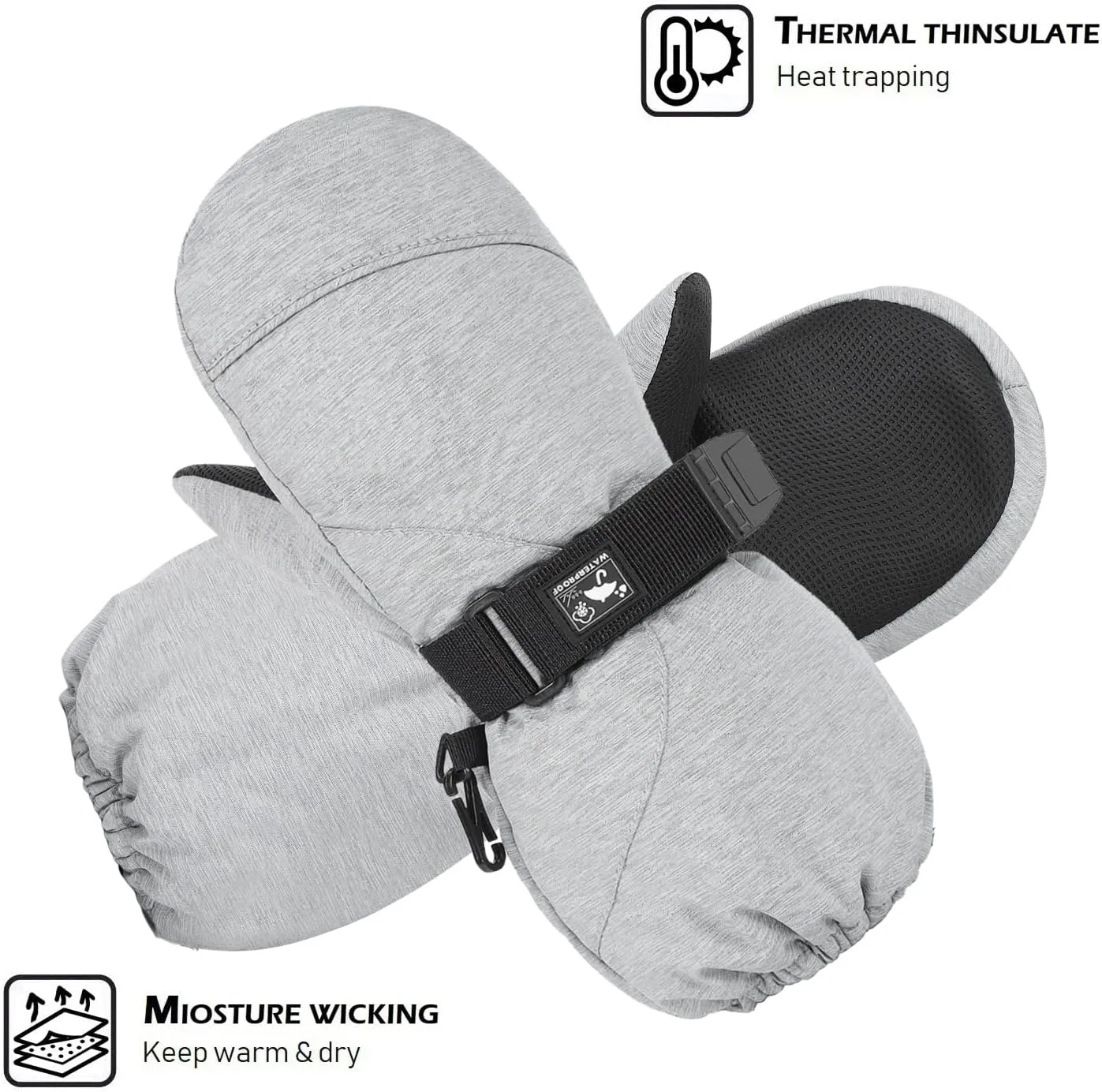 HIGHCAMP Kids Long Cuff Winter Gloves with Stay-on Strap Waterproof Mittens for Toddler Children Snow Ski