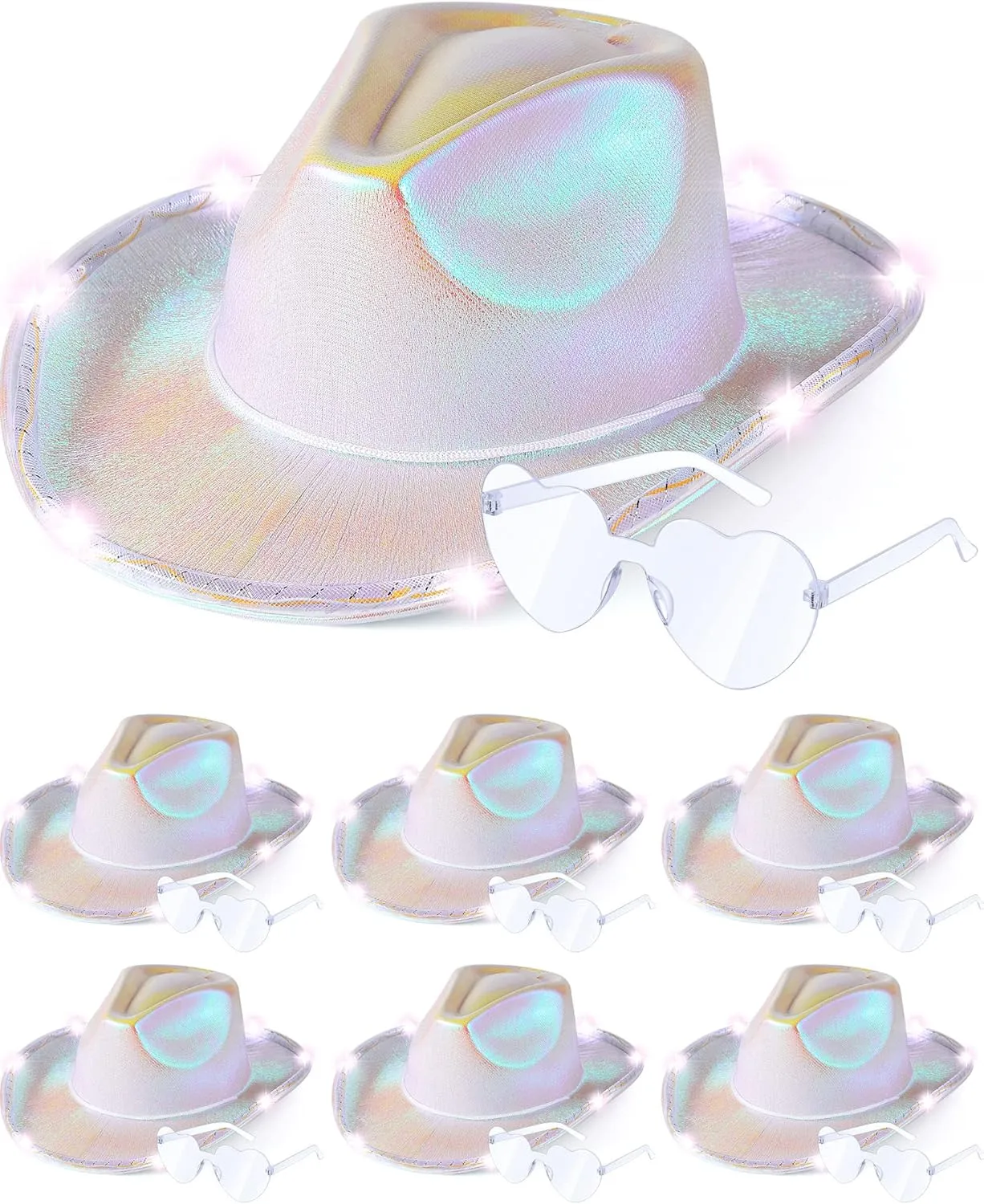 Jecery 12 Pcs Light Holographic Space Cowgirl Hat and Heart Shape Sunglasses LED Rave Cowboy Hat Rimless Heart Sunglasses for Teens Adult Party, White