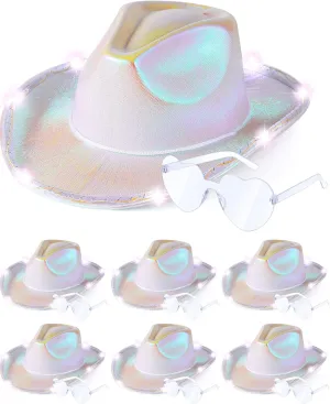 Jecery 12 Pcs Light Holographic Space Cowgirl Hat and Heart Shape Sunglasses LED Rave Cowboy Hat Rimless Heart Sunglasses for Teens Adult Party, White
