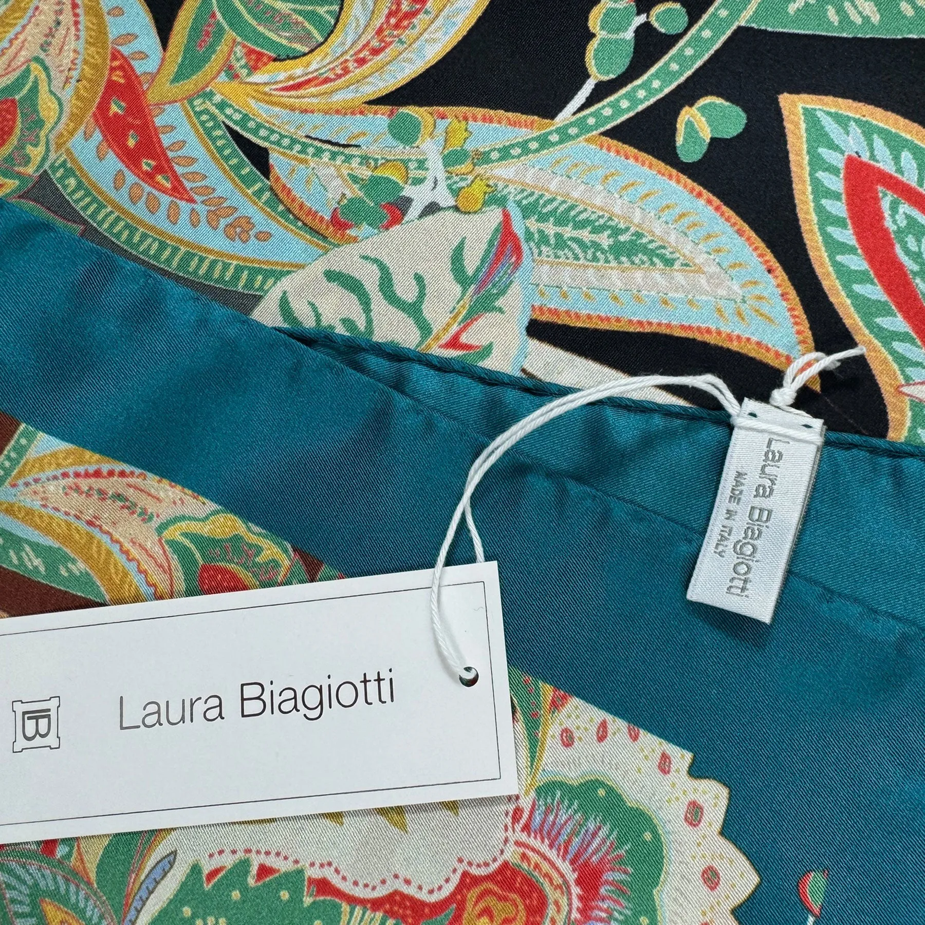 Laura Biagiotti Silk Scarf Petrol Blue Floral - Square Foulard - Made In Italy