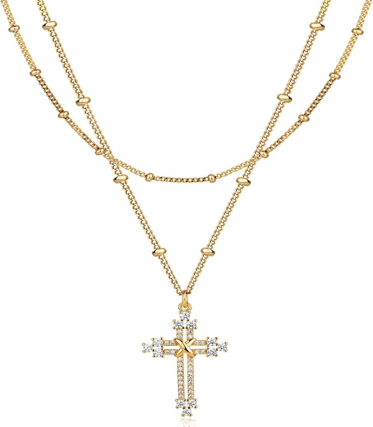 Layered Gold Cross Necklace for Women 18K Gold Plated Faith Necklace Cubic Zirconia Cross Pendant Dainty Chain Prayer Religious Jewelry