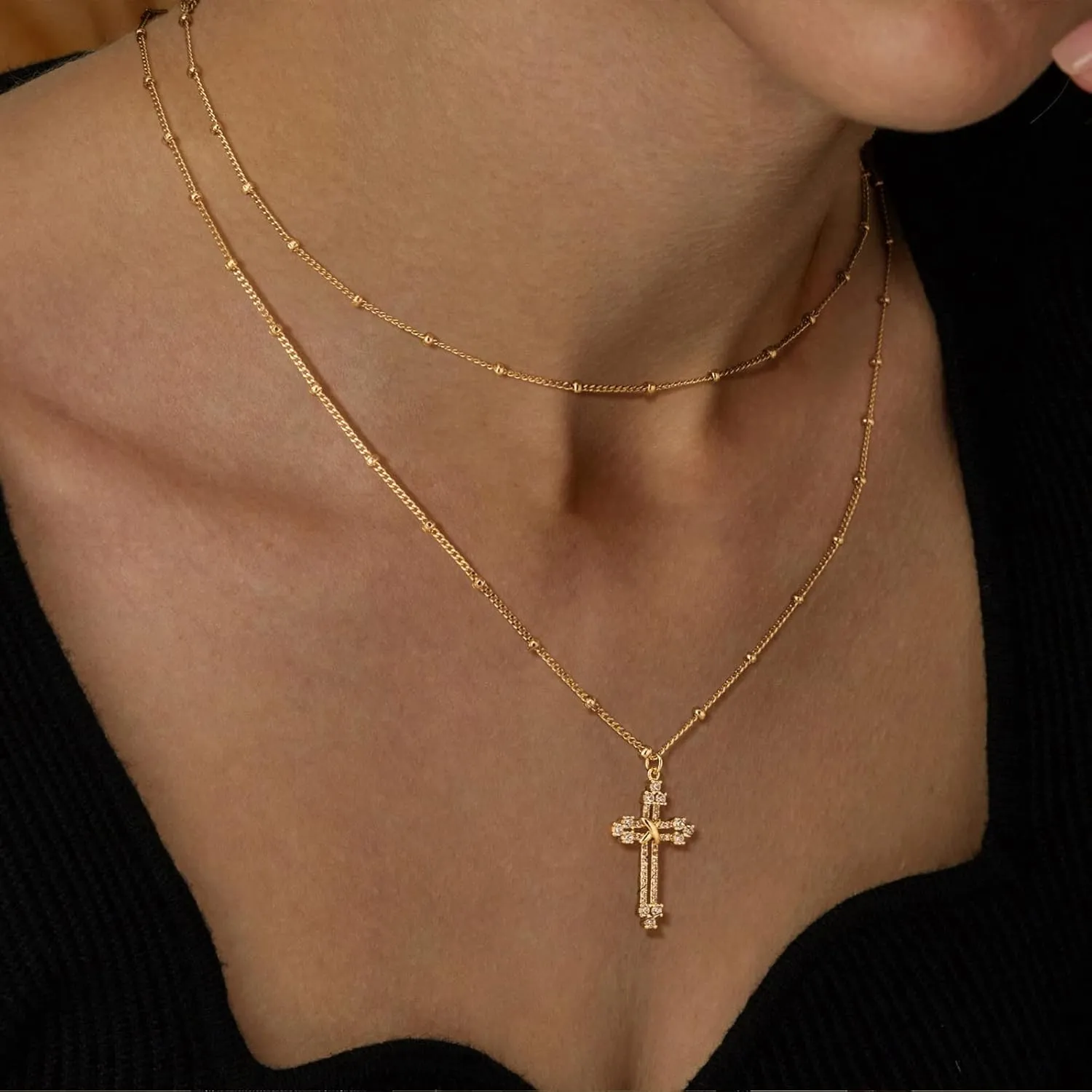 Layered Gold Cross Necklace for Women 18K Gold Plated Faith Necklace Cubic Zirconia Cross Pendant Dainty Chain Prayer Religious Jewelry