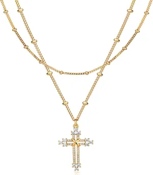 Layered Gold Cross Necklace for Women 18K Gold Plated Faith Necklace Cubic Zirconia Cross Pendant Dainty Chain Prayer Religious Jewelry