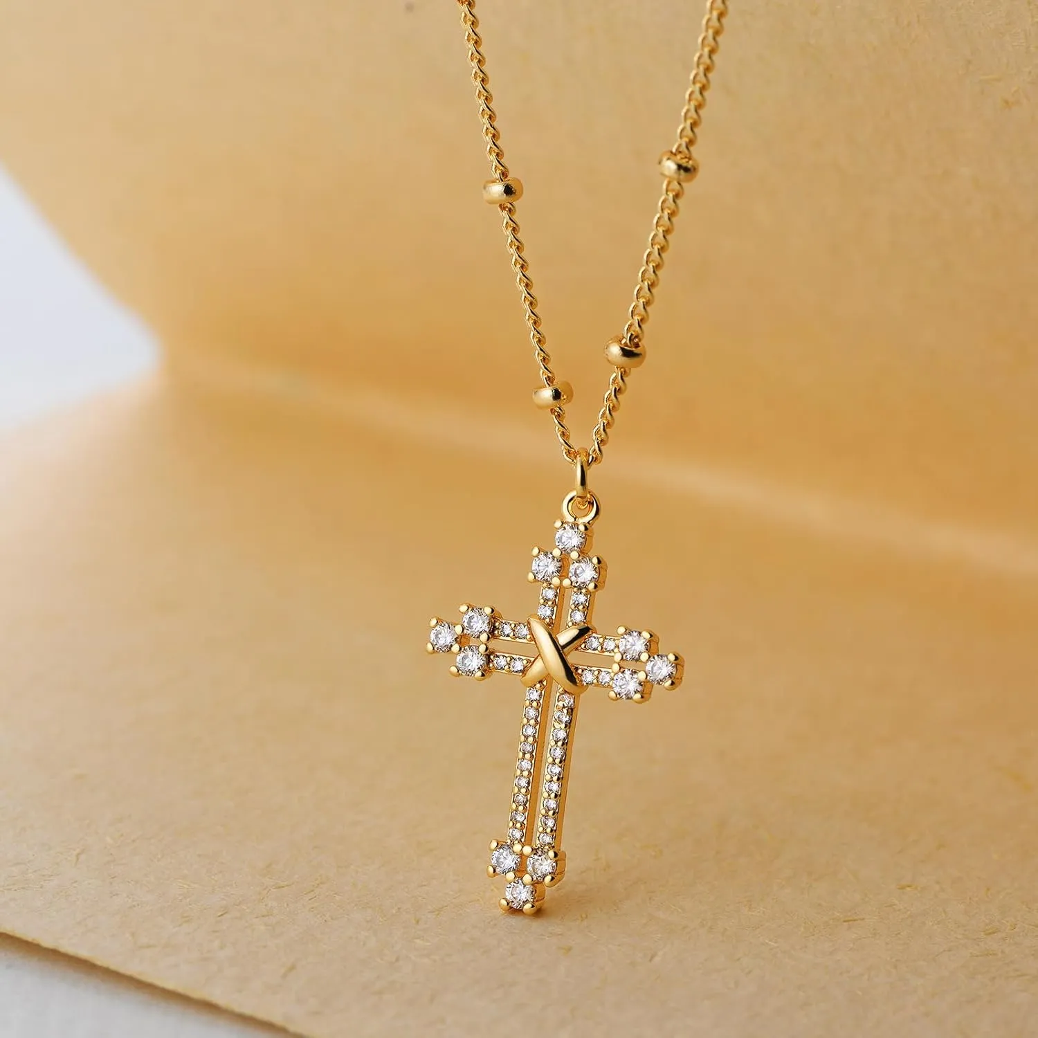 Layered Gold Cross Necklace for Women 18K Gold Plated Faith Necklace Cubic Zirconia Cross Pendant Dainty Chain Prayer Religious Jewelry