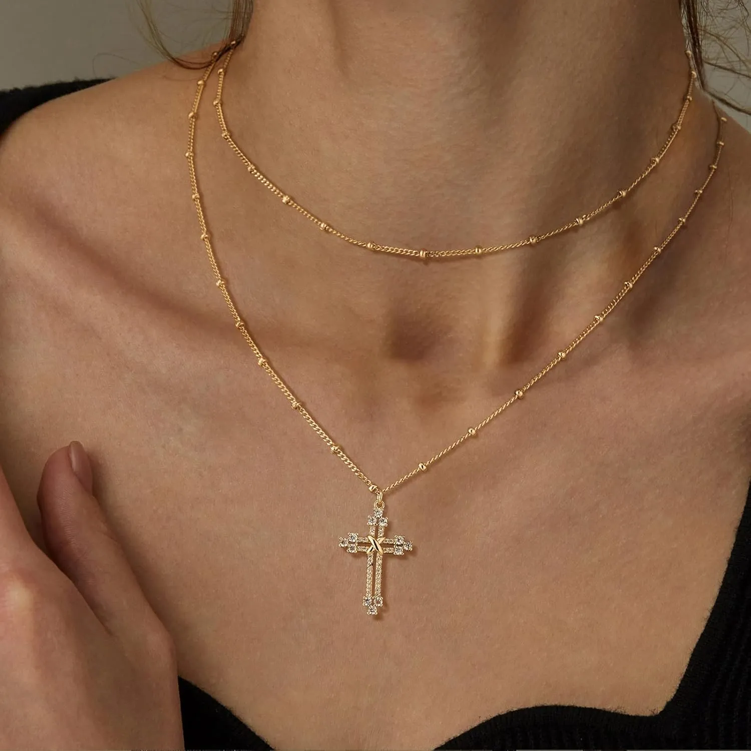 Layered Gold Cross Necklace for Women 18K Gold Plated Faith Necklace Cubic Zirconia Cross Pendant Dainty Chain Prayer Religious Jewelry