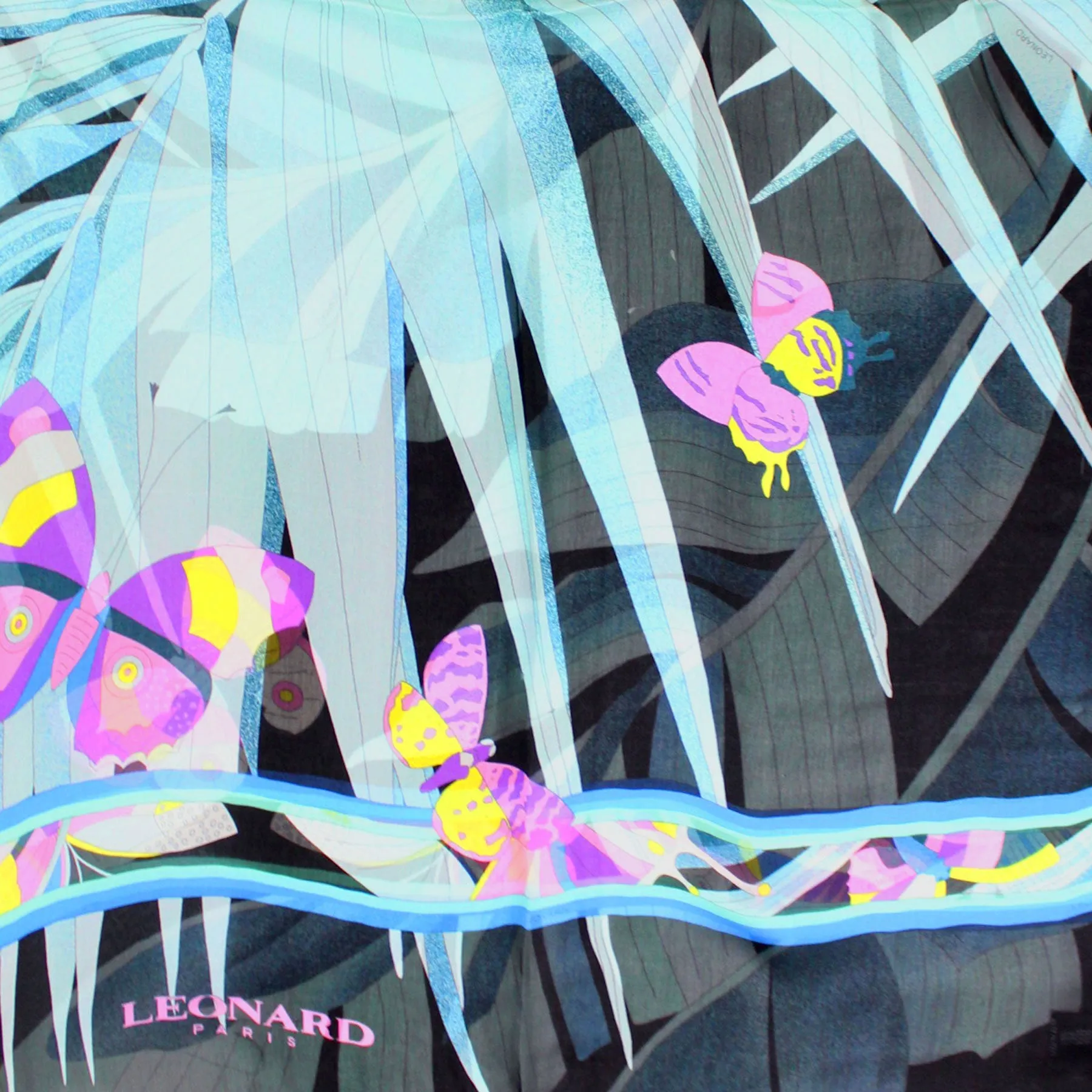 Leonard Paris Scarf Black Turquoise Purple Butterfly - Chiffon Silk Shawl SALE
