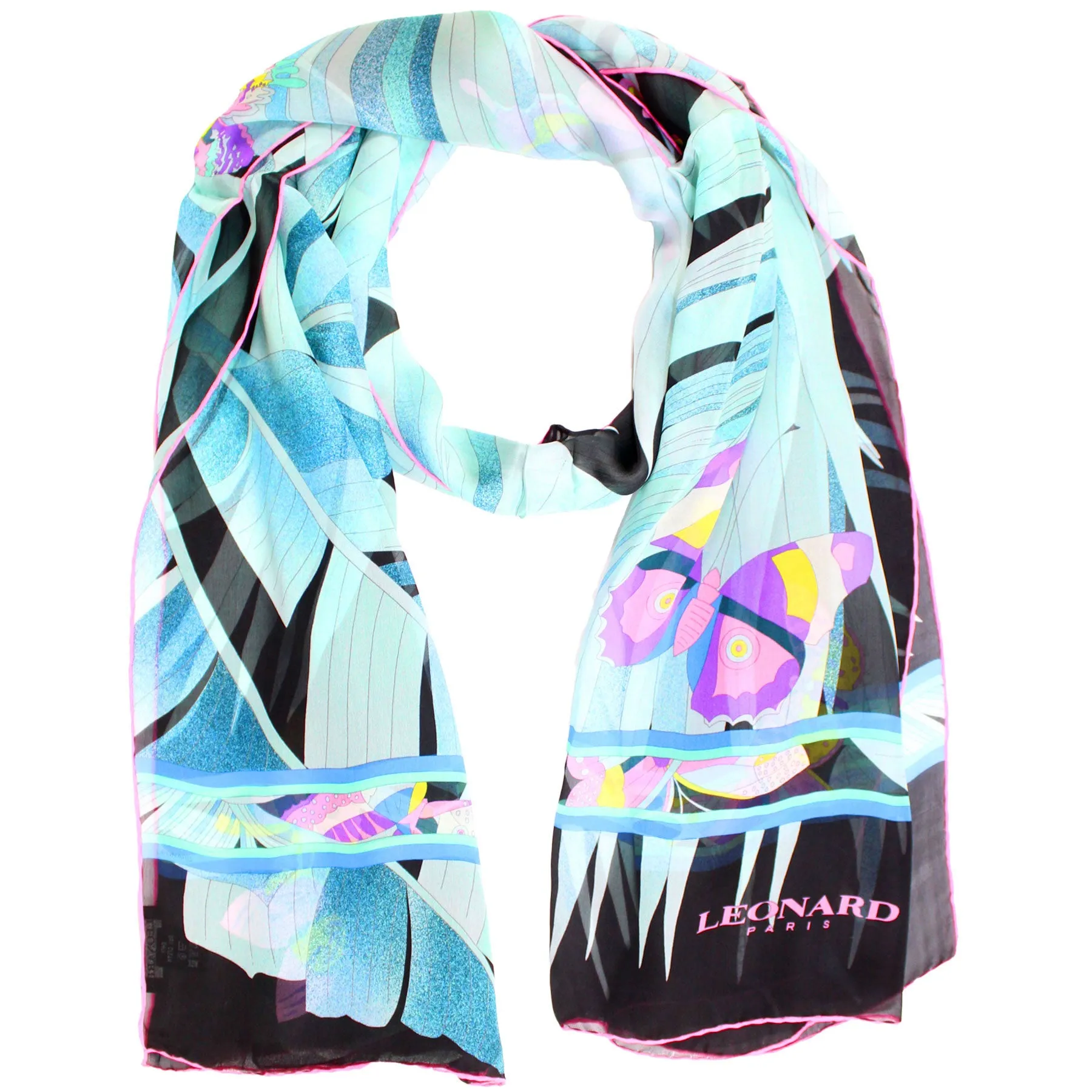 Leonard Paris Scarf Black Turquoise Purple Butterfly - Chiffon Silk Shawl SALE