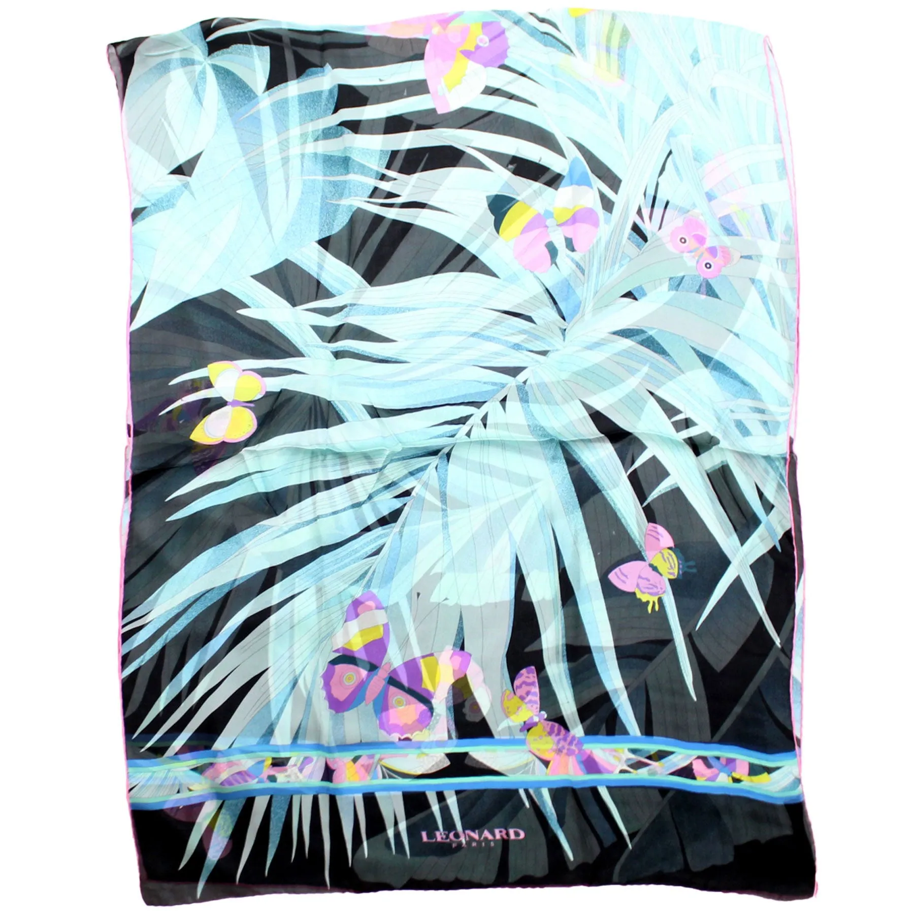 Leonard Paris Scarf Black Turquoise Purple Butterfly - Chiffon Silk Shawl SALE
