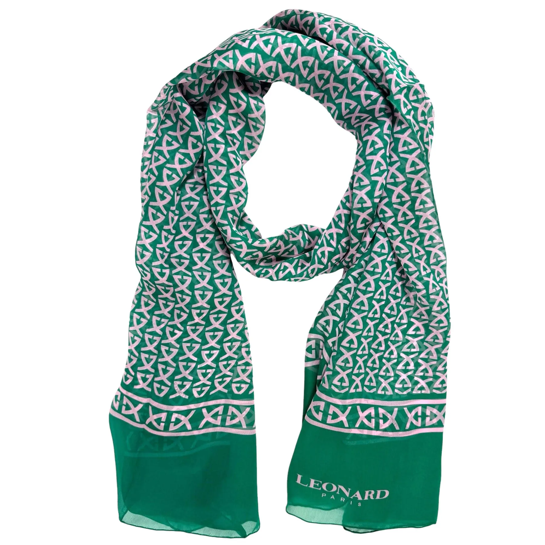 Leonard Paris Scarf Green Pink Logo Design - Chiffon Silk Shawl SALE
