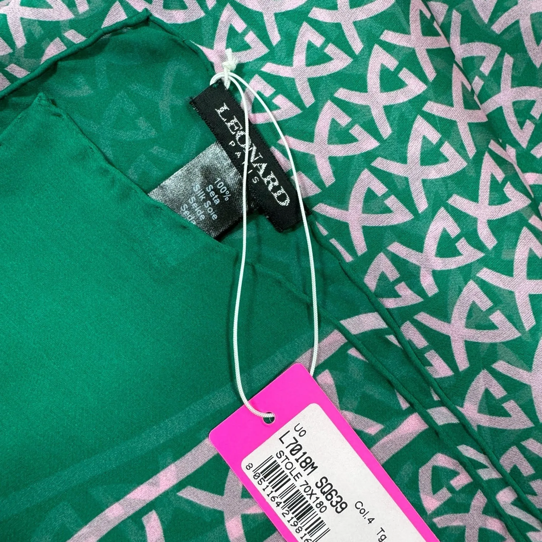 Leonard Paris Scarf Green Pink Logo Design - Chiffon Silk Shawl SALE