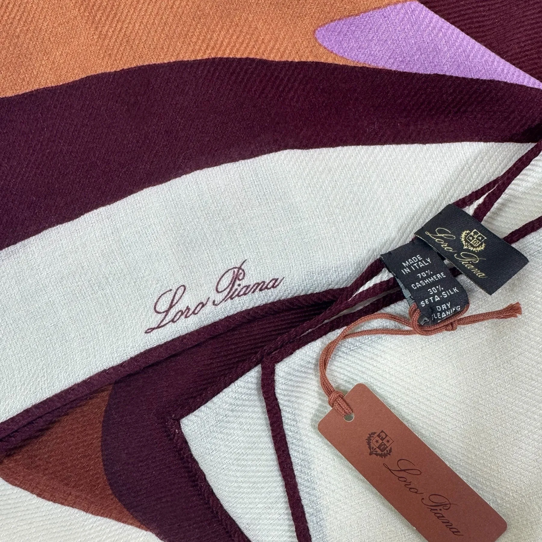Loro Piana Square Scarf White Brown Lilac Cashmere Silk
