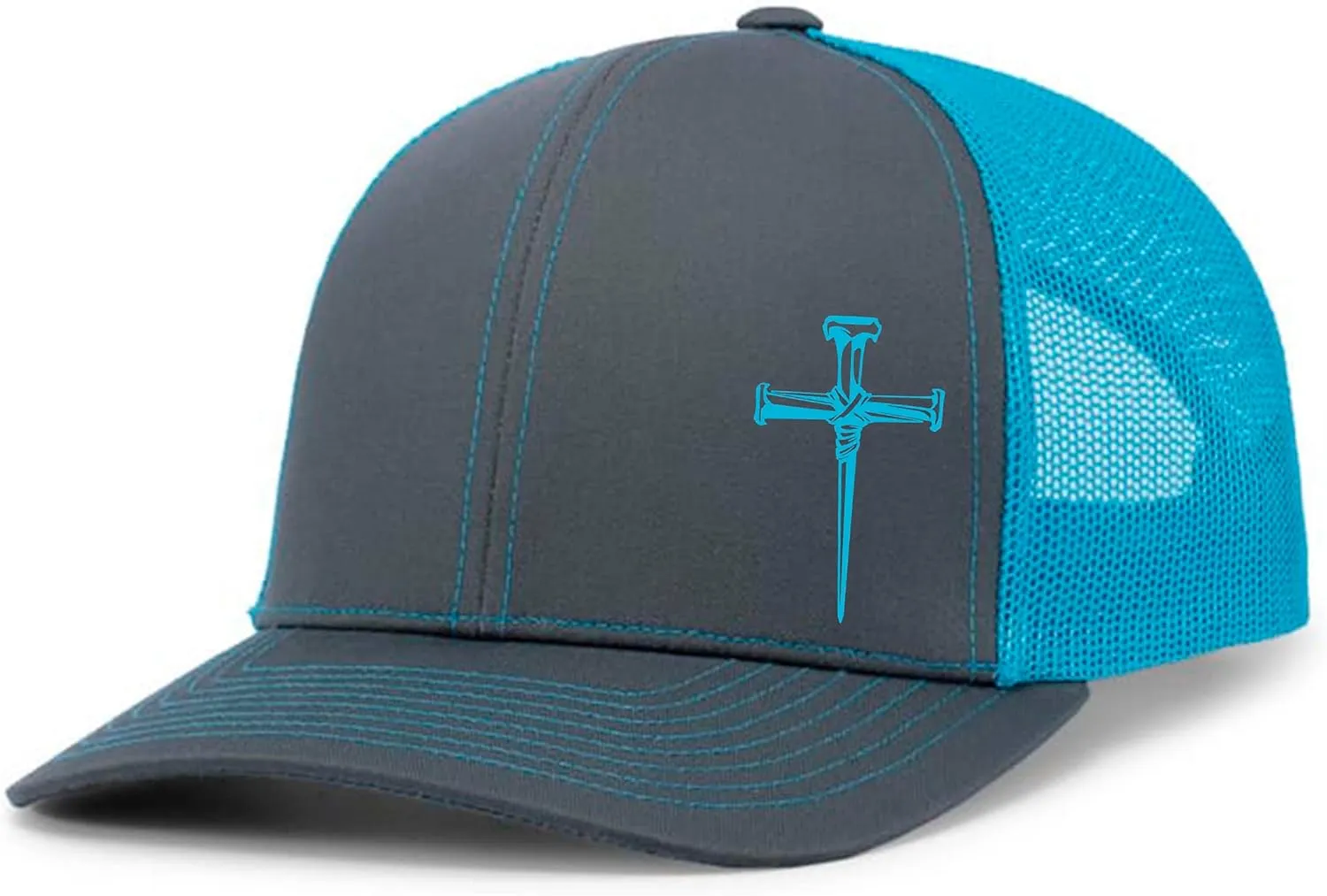 Men's Christian Faith Cross Nails Embroidered Mesh Back Trucker Hat, Ocean Blue/Heather Grey/Beige