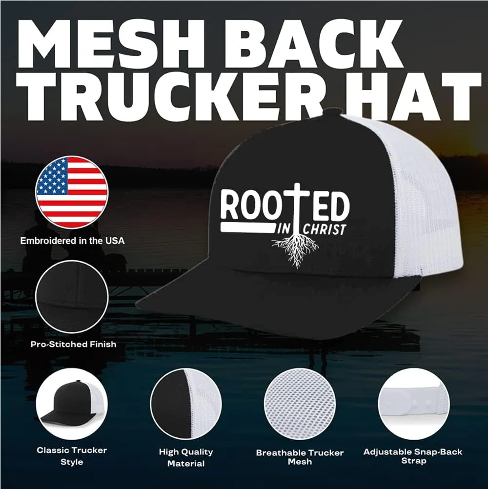 Men's Christian Faith Cross Nails Embroidered Mesh Back Trucker Hat, Ocean Blue/Heather Grey/Beige