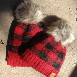 Mommy   Me Buffalo Plaid Pom Beanies