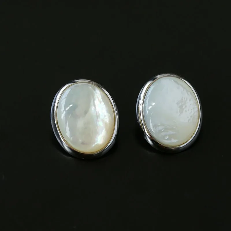 Oval Stud Earrings: White Mother-of-Pearl, Black Agate, Wood Grain Stone